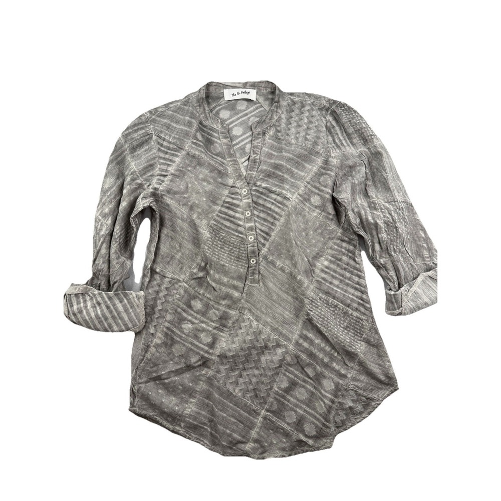 The Nu‎ Vintage Boho Patchwork Tunic Top Gray Mandarin Collar Henley S